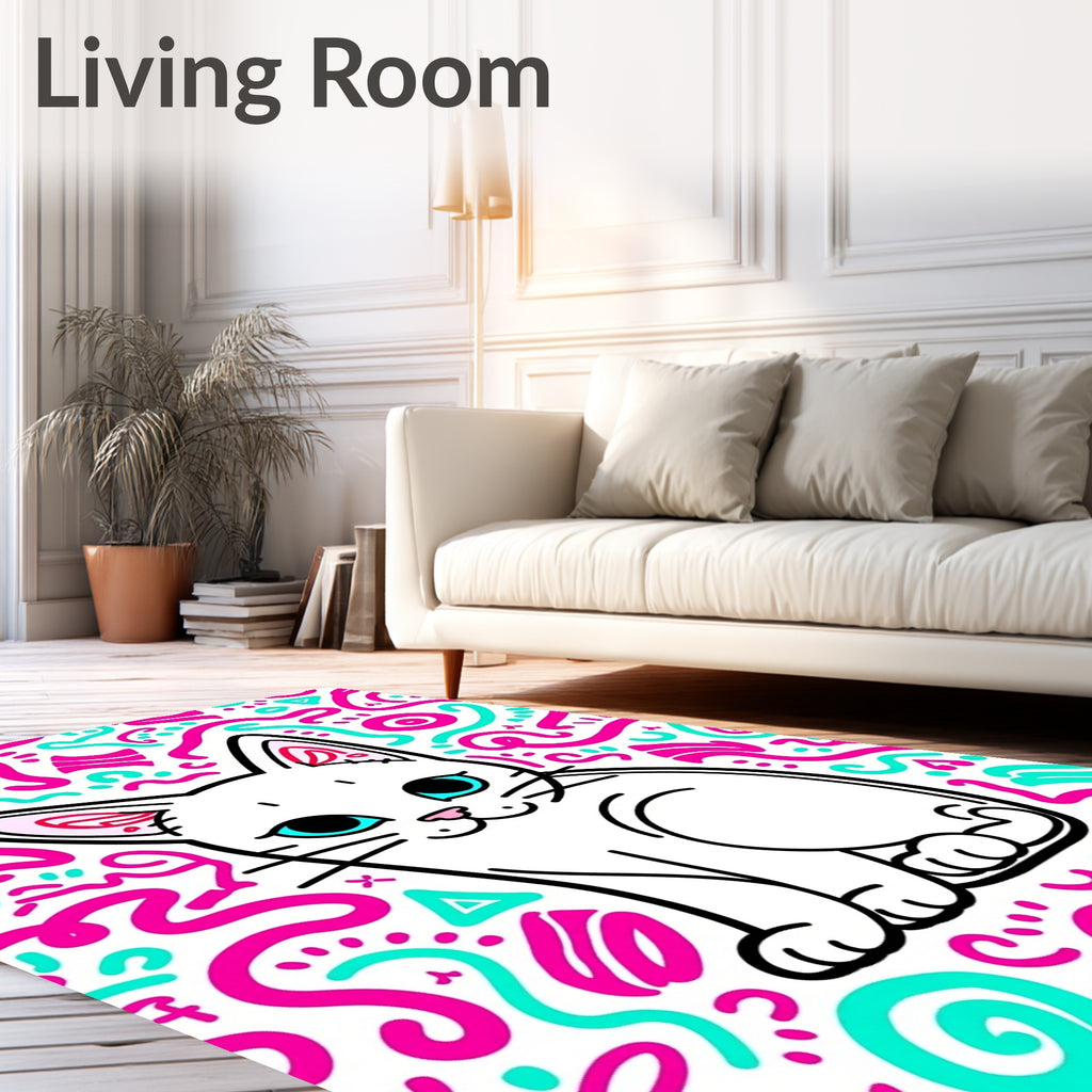 Cute White Cat Pink Teal Scribbles Rug