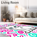 Cute White Cat Pink Teal Scribbles Rug