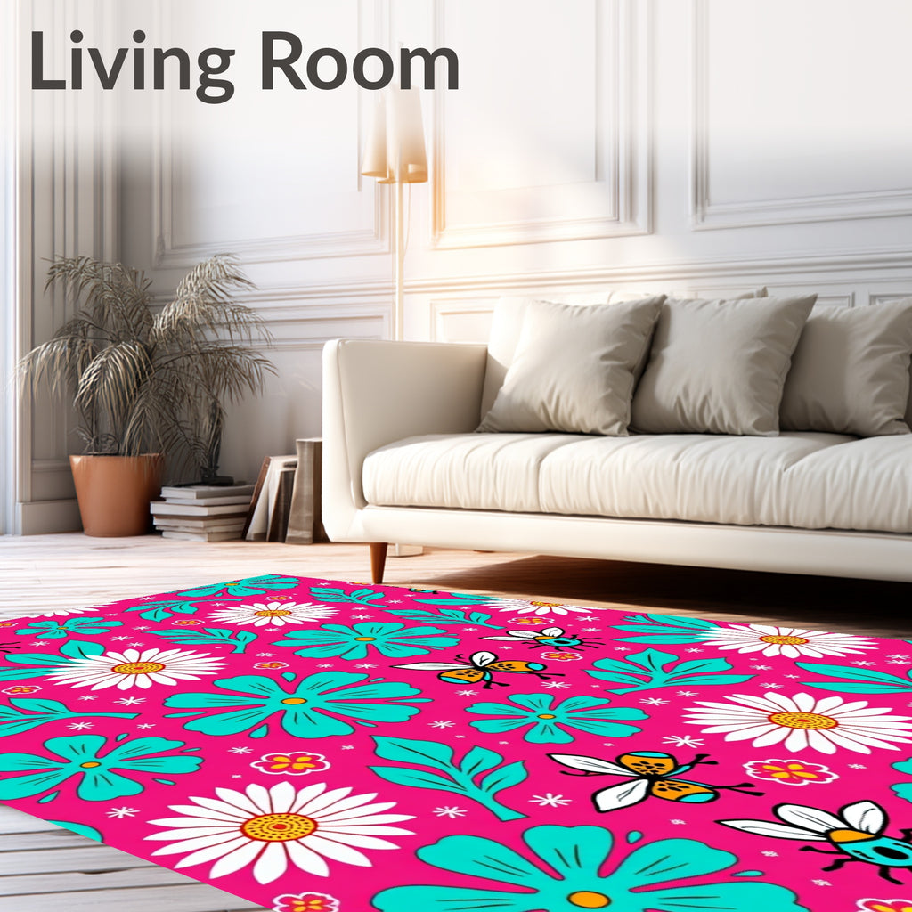 Pink Teal Bee Daisy Garden Bloom Rug