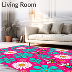 Pink Teal Bee Daisy Garden Bloom Rug