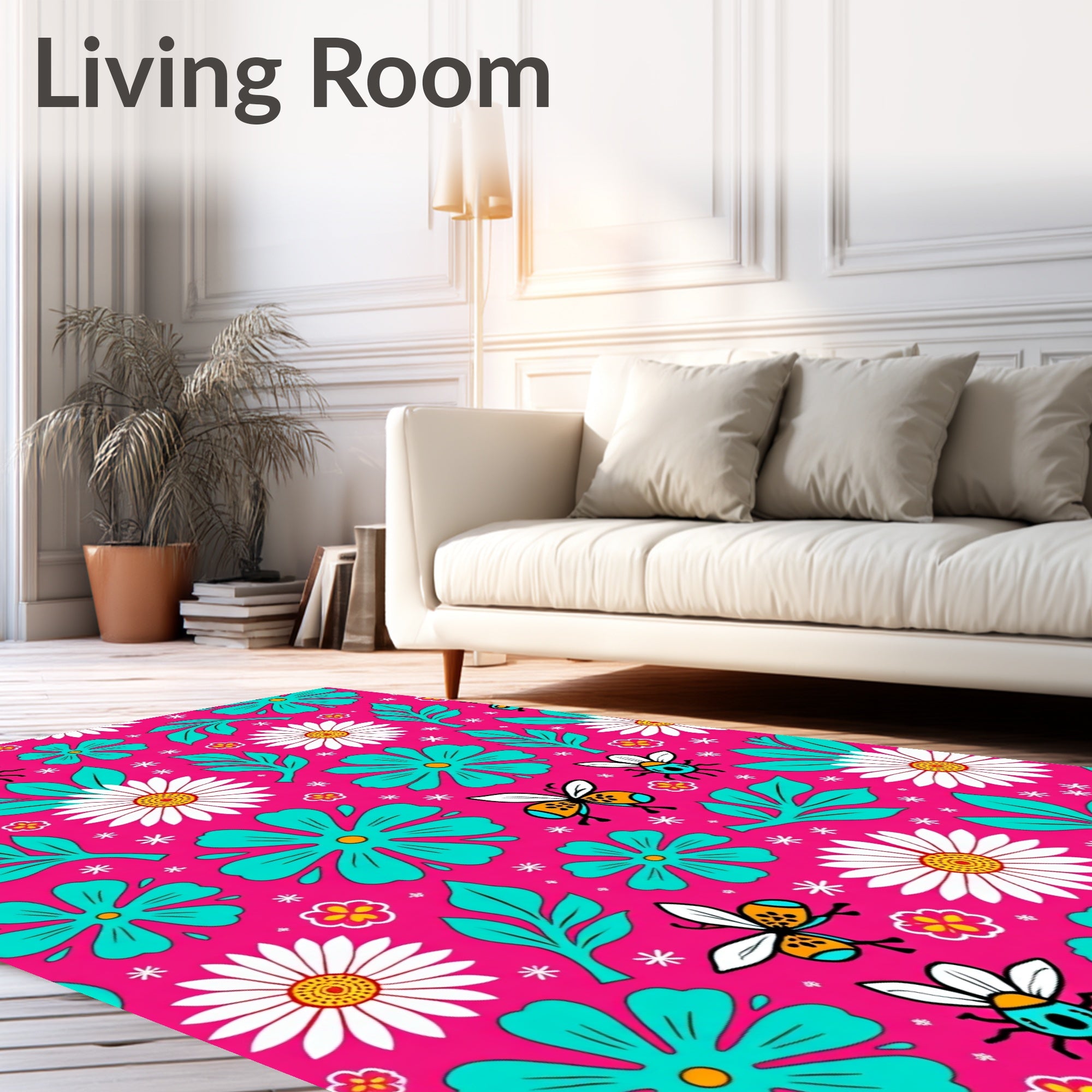 Pink Teal Bee Daisy Garden Bloom Rug
