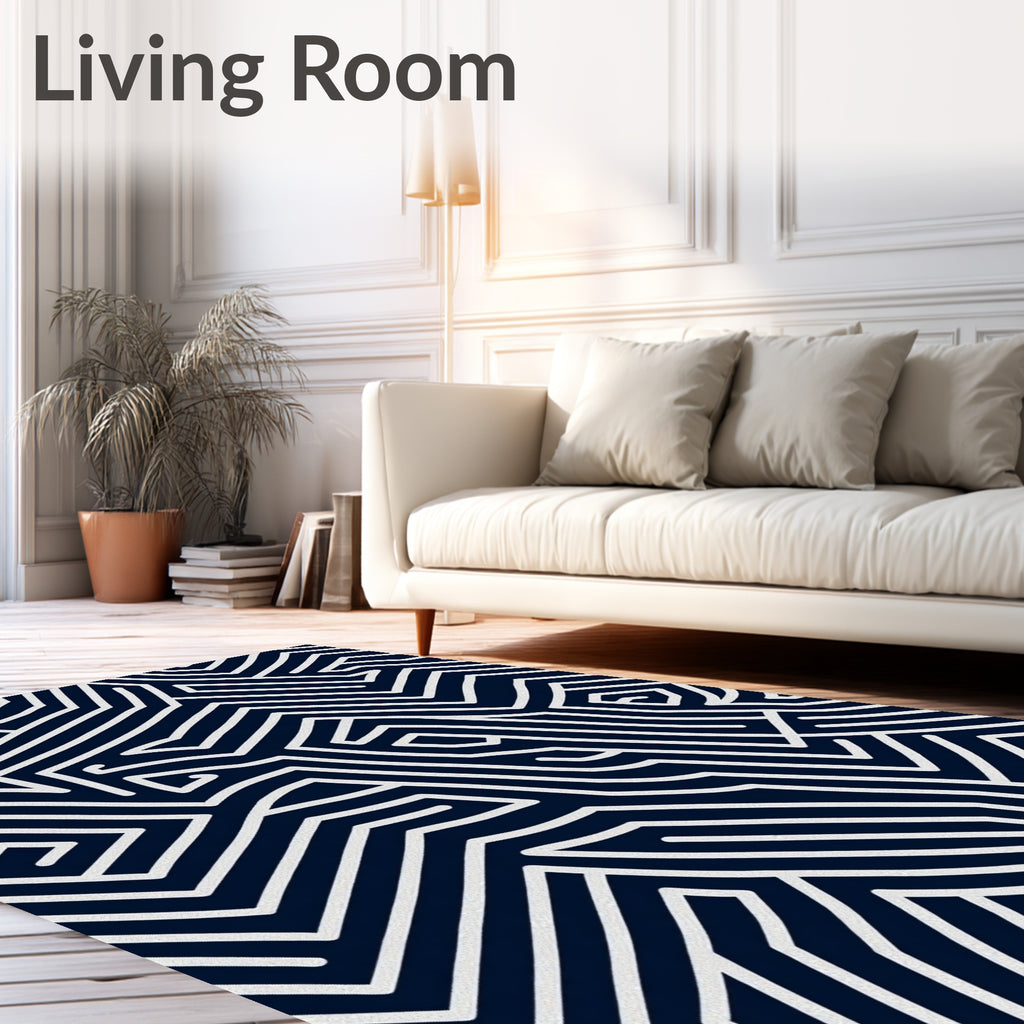 Navy White Abstract Maze Line Rug