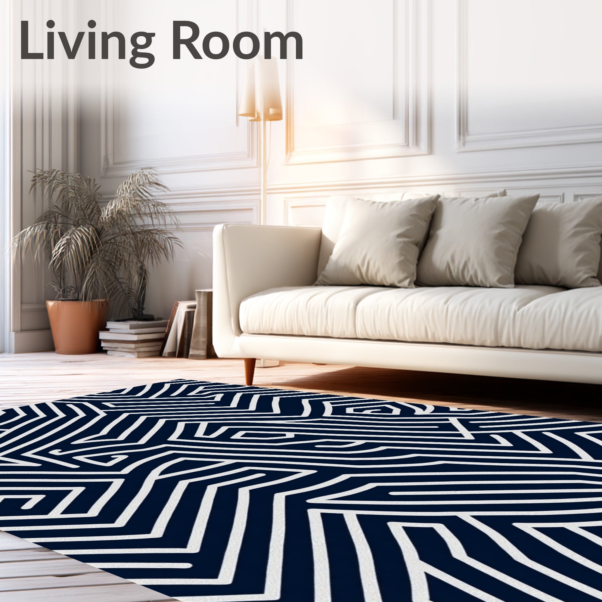 Navy White Abstract Maze Line Rug