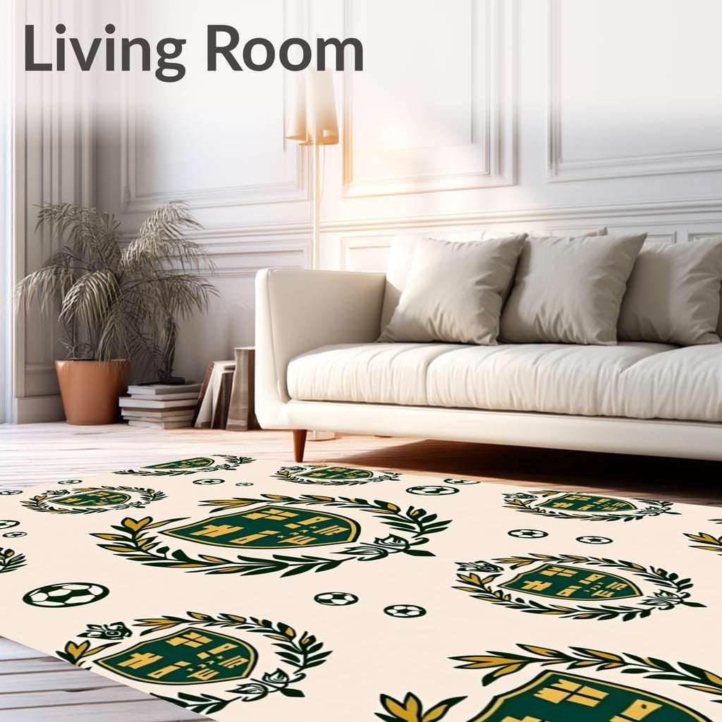 Green Gold Crest Soccer Balls Rug