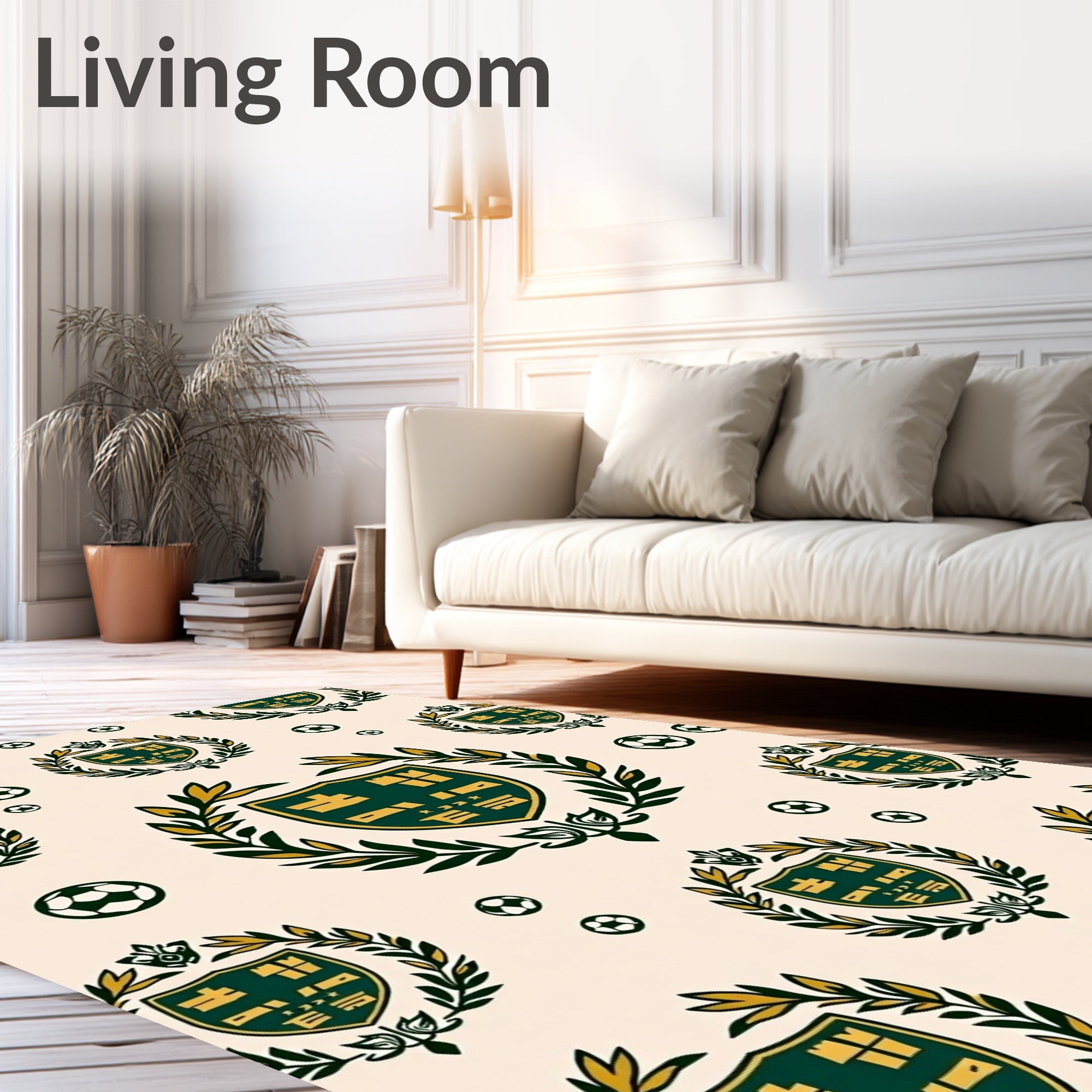 Green Gold Crest Soccer Balls Rug
