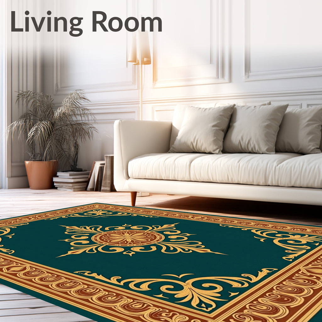 Emerald Gold Filigree Floral Medallion Rug
