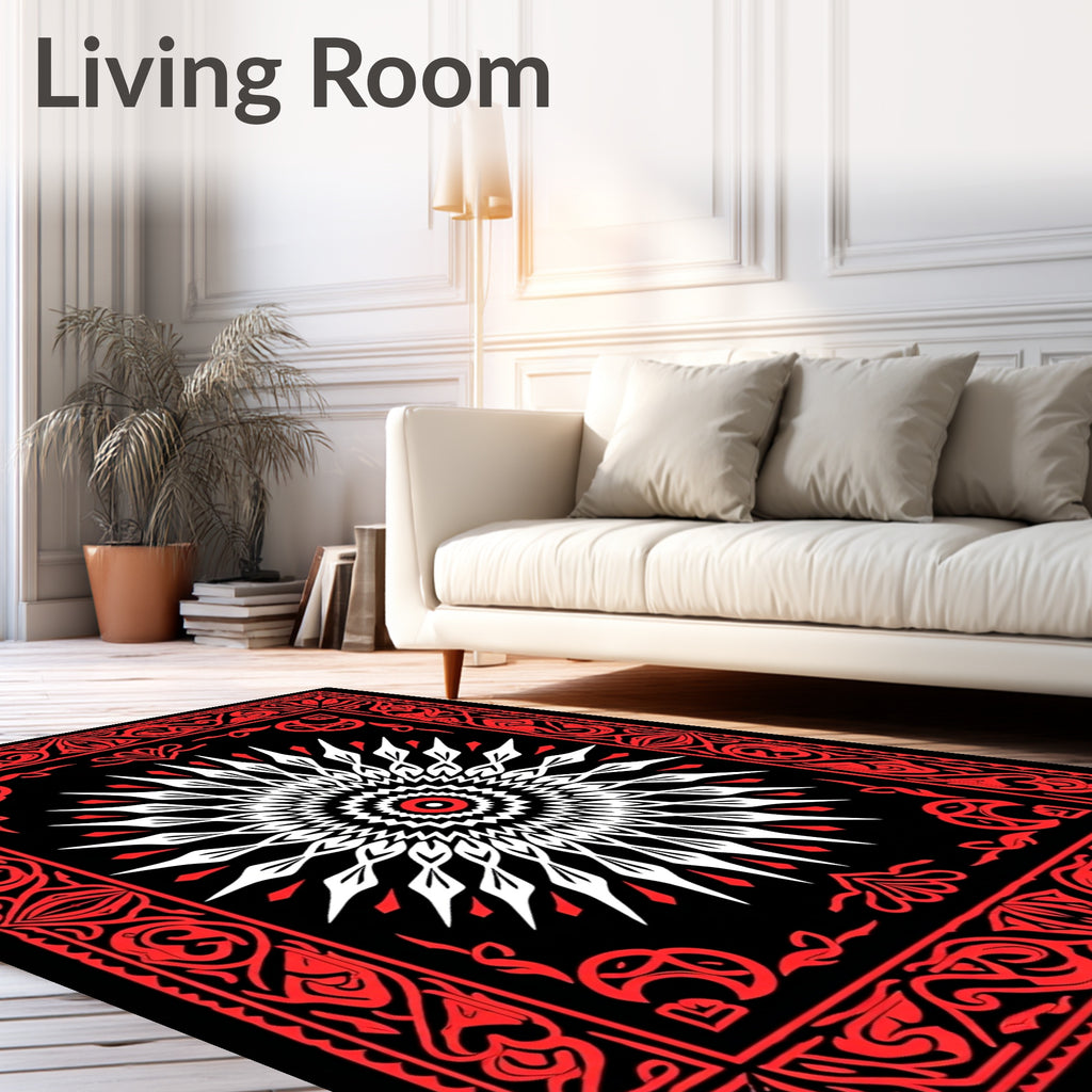 Intricate Red Black Sunburst Medallion Rug