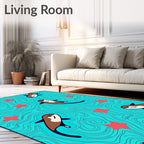 Playful Sea Otters Red Stars Aqua Background Rug