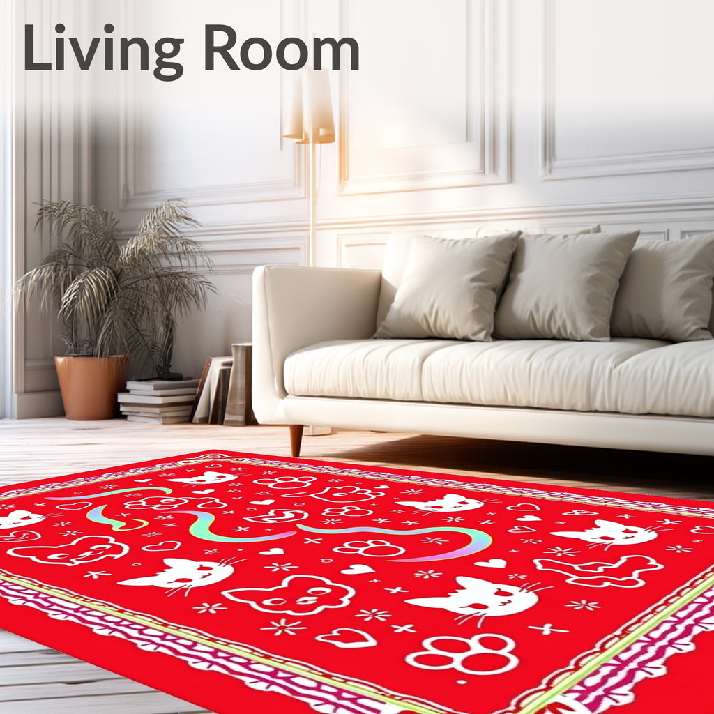 Cute White Cats Red Background Artwork Rug