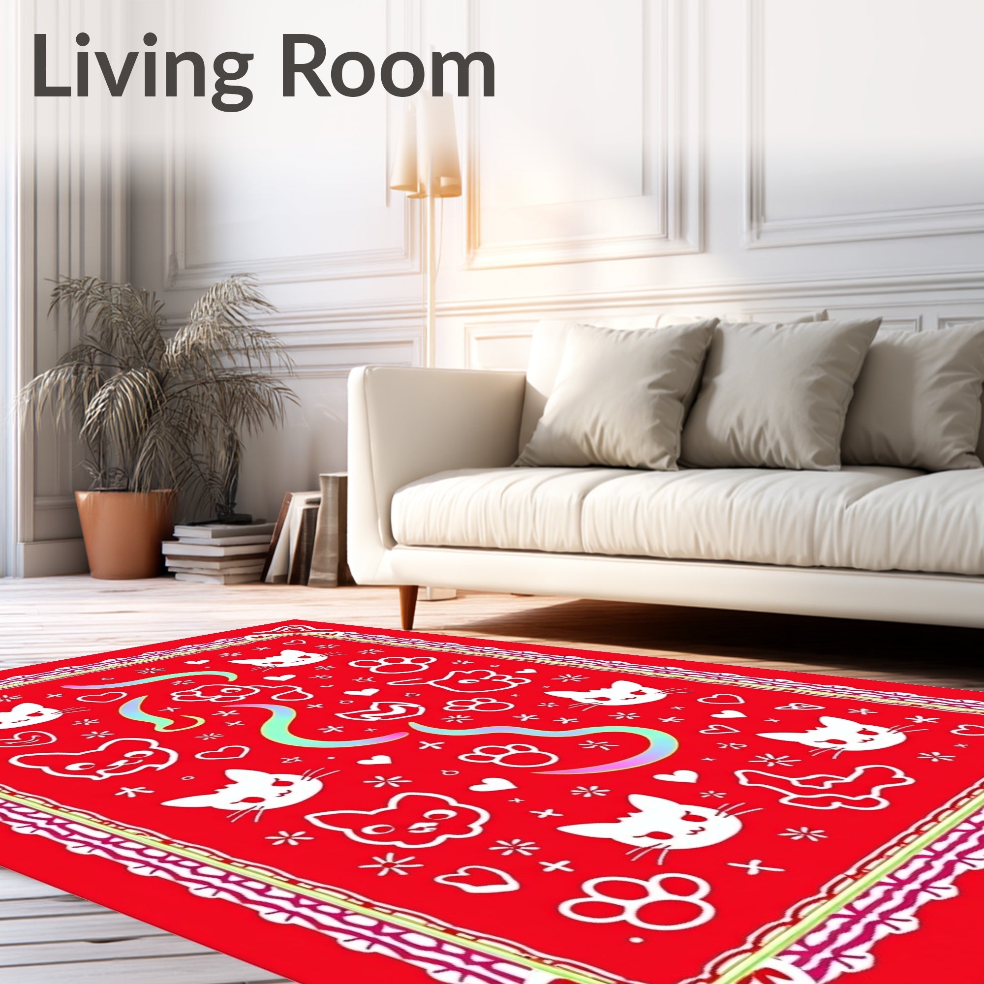 Cute White Cats Red Background Artwork Rug