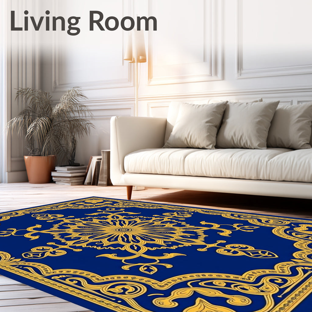 Opulent Blue Golden Bloom Mandala Rug