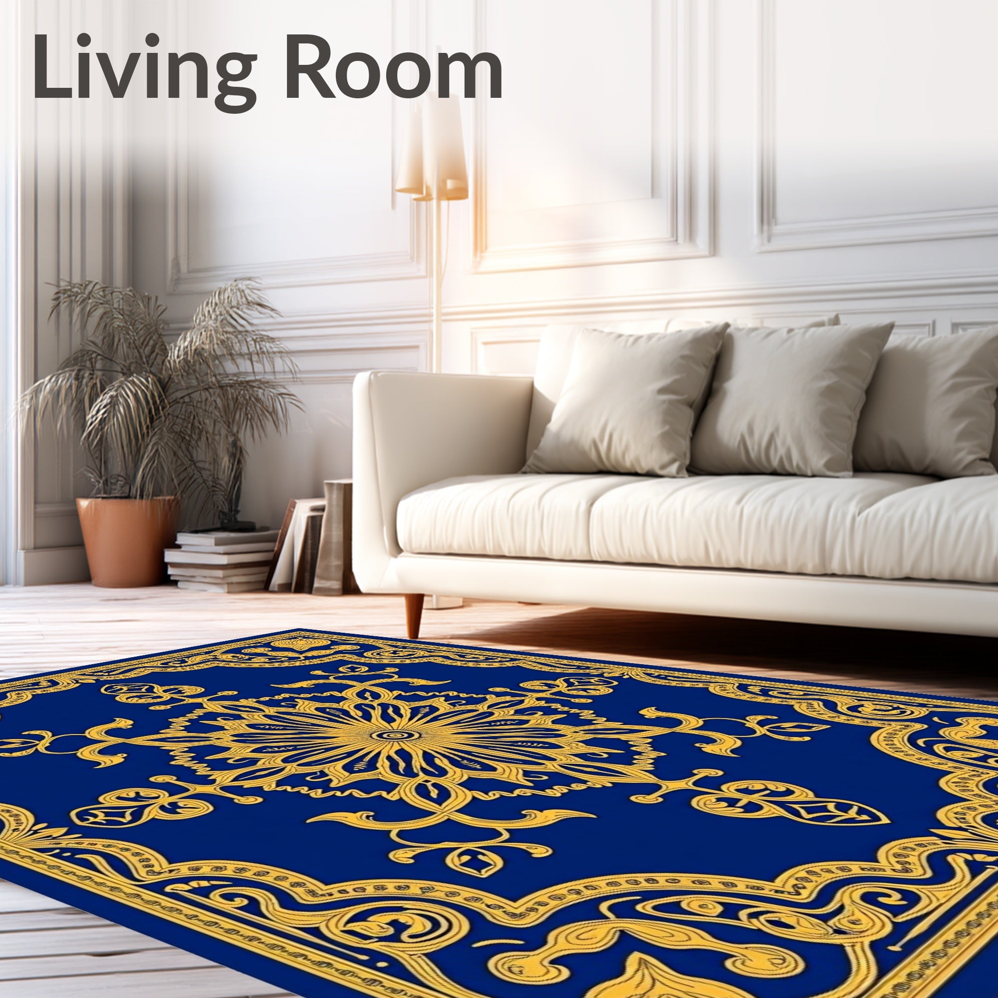 Opulent Blue Golden Bloom Mandala Rug
