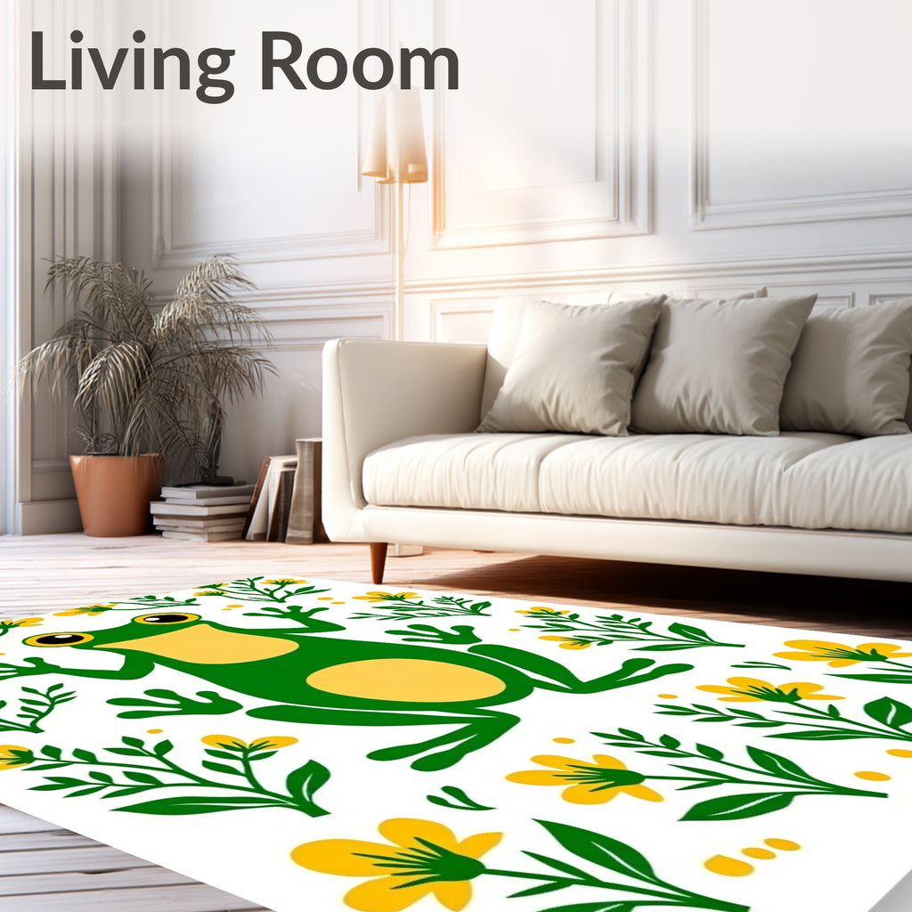 Whimsical Green Frog Yellow Floral Sprigs Rug