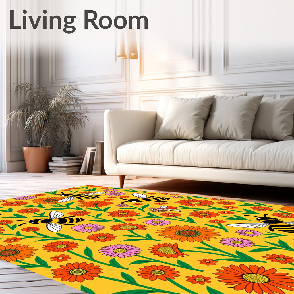 Retro Sunflowers and Bees Artwork Rug
