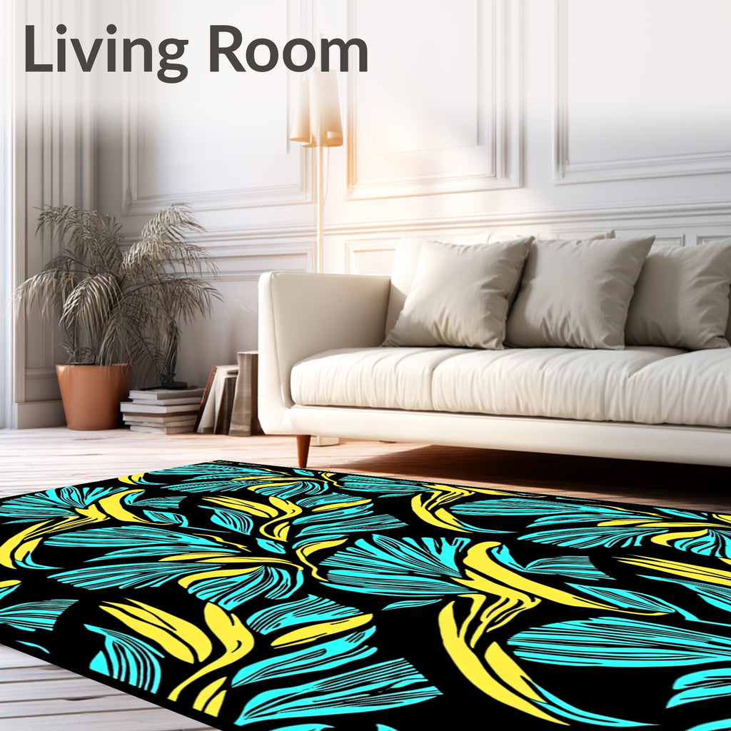 Bold Teal Yellow Tropical Leaves Rug