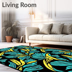 Bold Teal Yellow Tropical Leaves Rug
