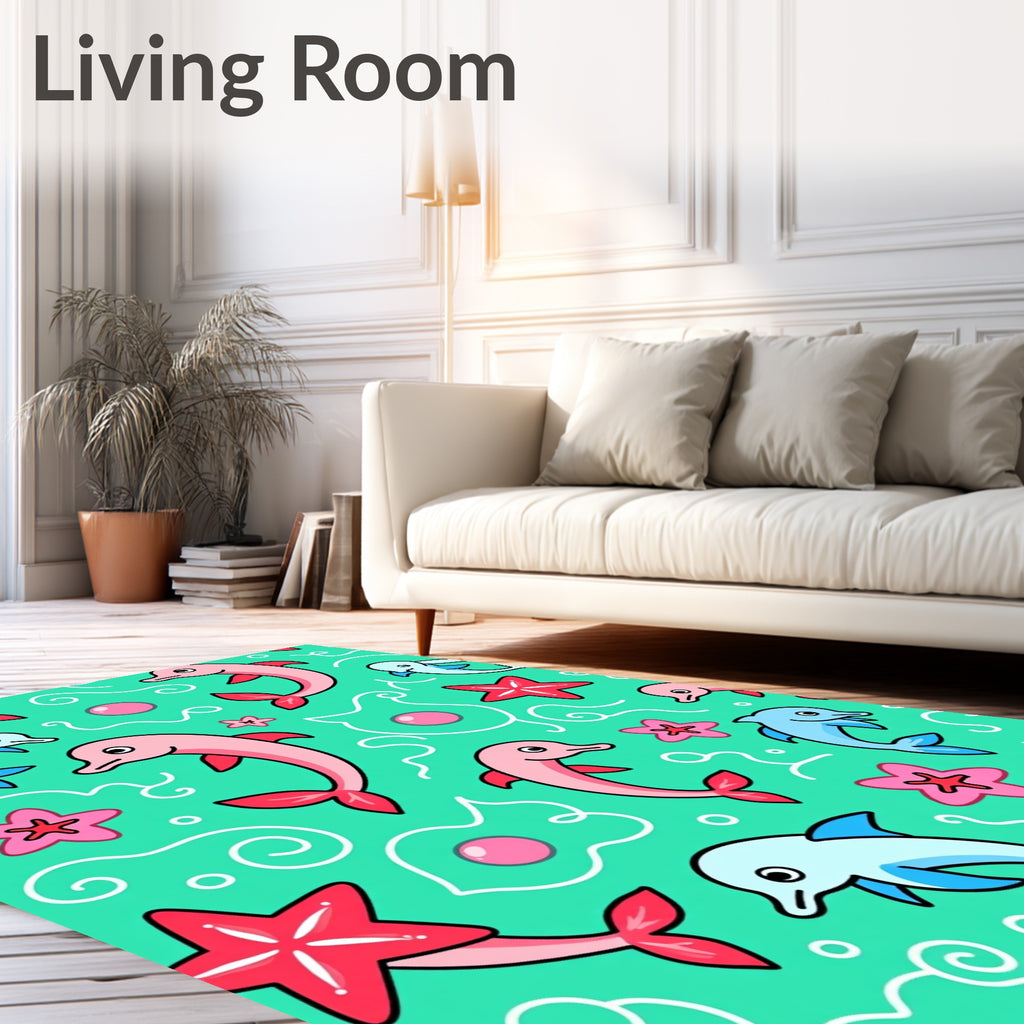Pink Blue Dolphins Coral Sea Swirls Rug