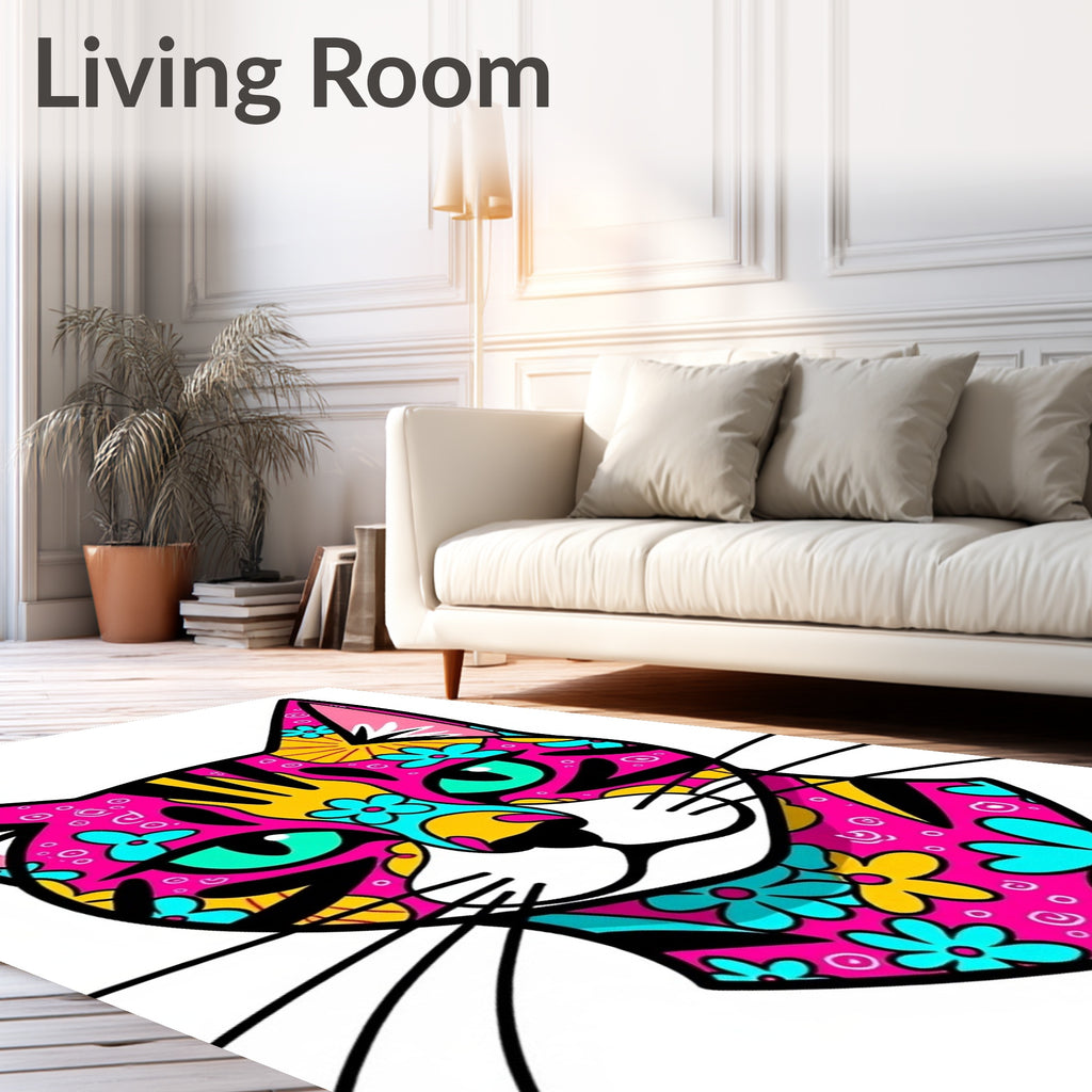 Vibrant Pink Floral Cat Face Rug