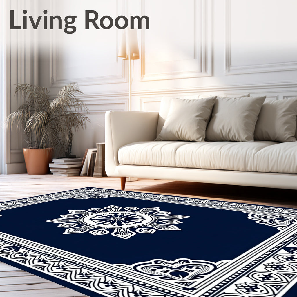 Deep Blue Floral Mandala Border Rug