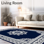 Deep Blue Floral Mandala Border Rug