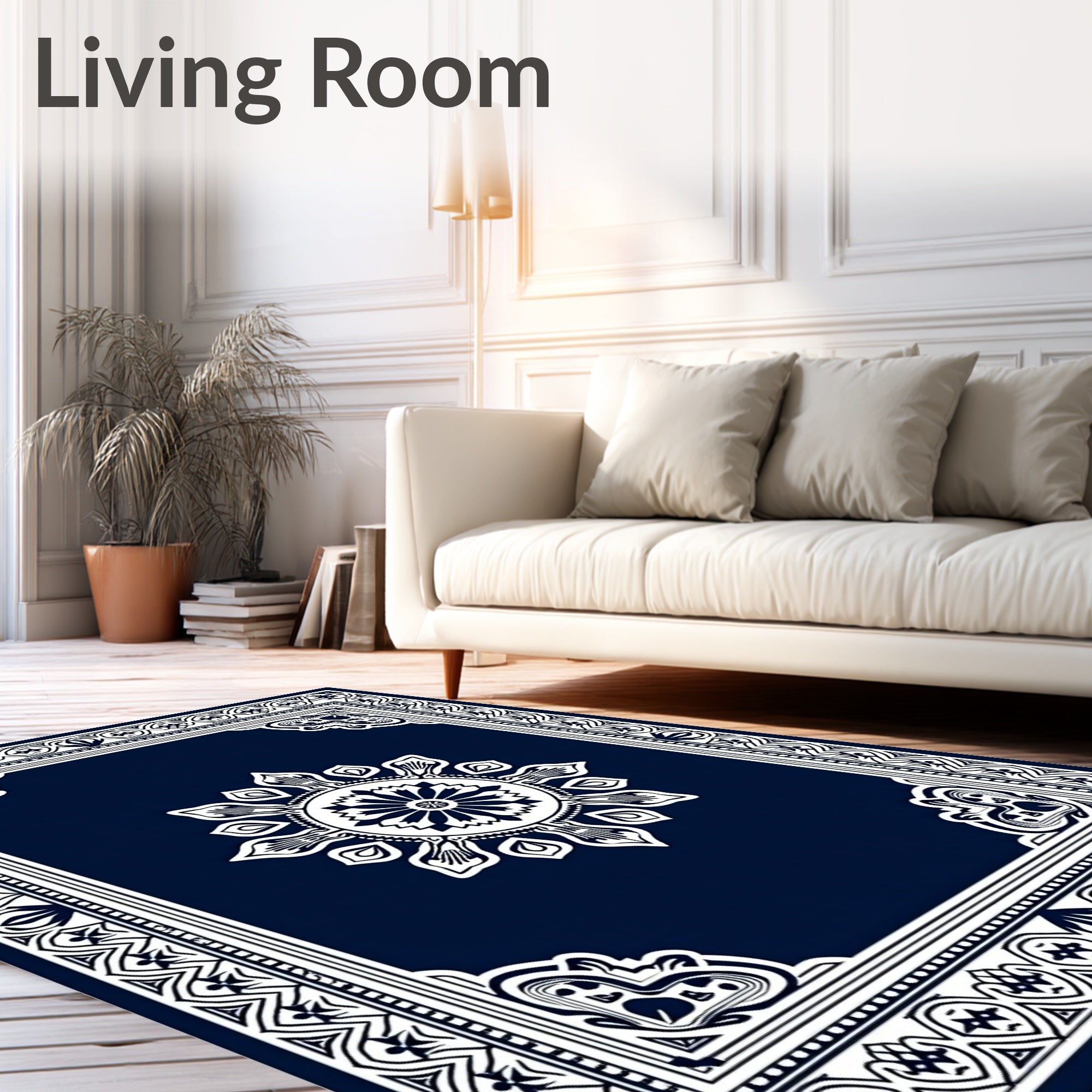 Deep Blue Floral Mandala Border Rug