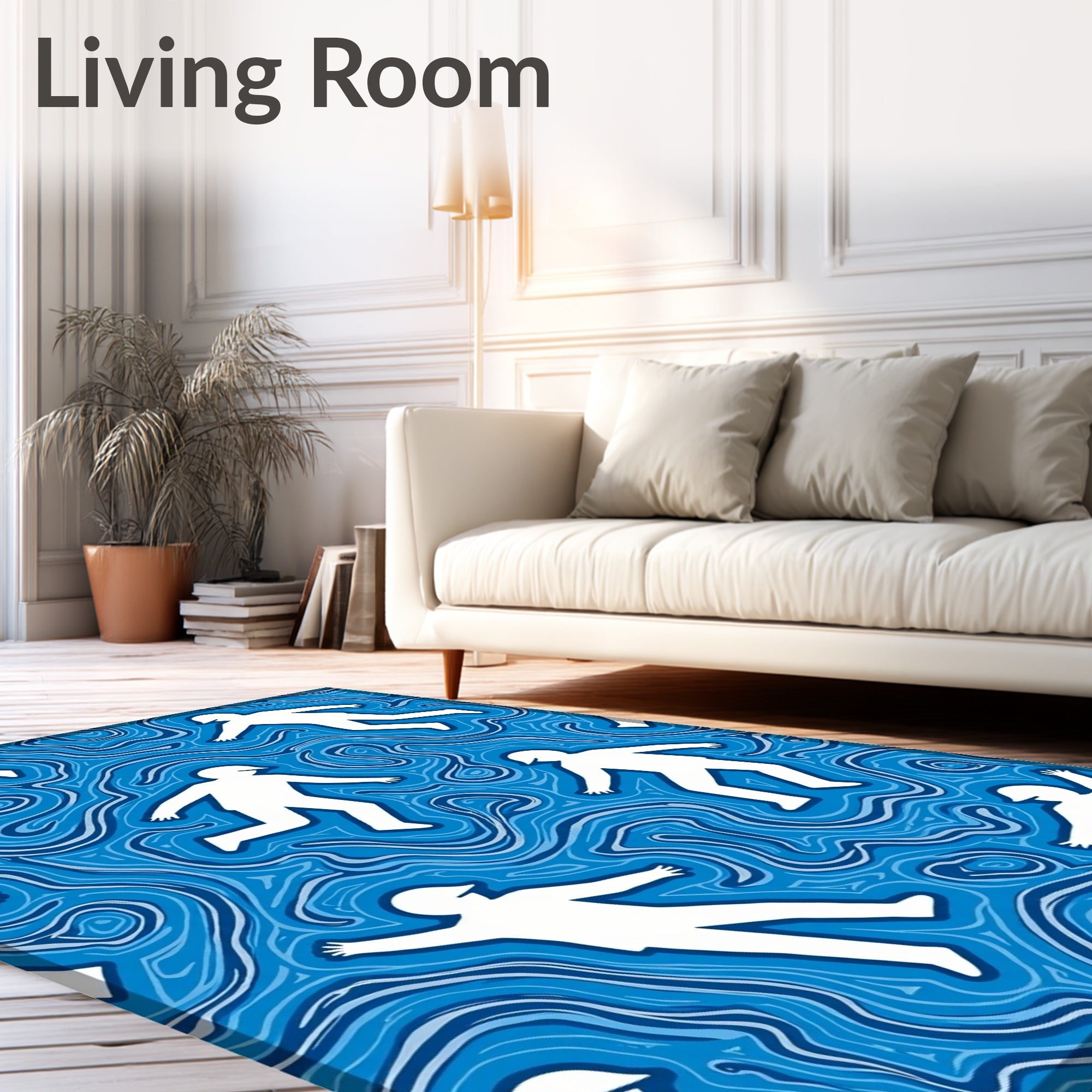 Surreal White Figures Blue Wavy Rug