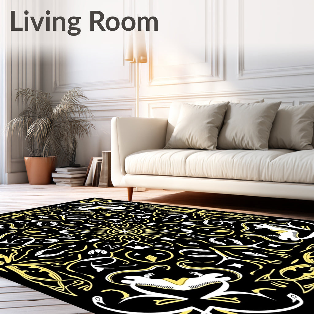 Bold Black Yellow Solar Mandala Rug