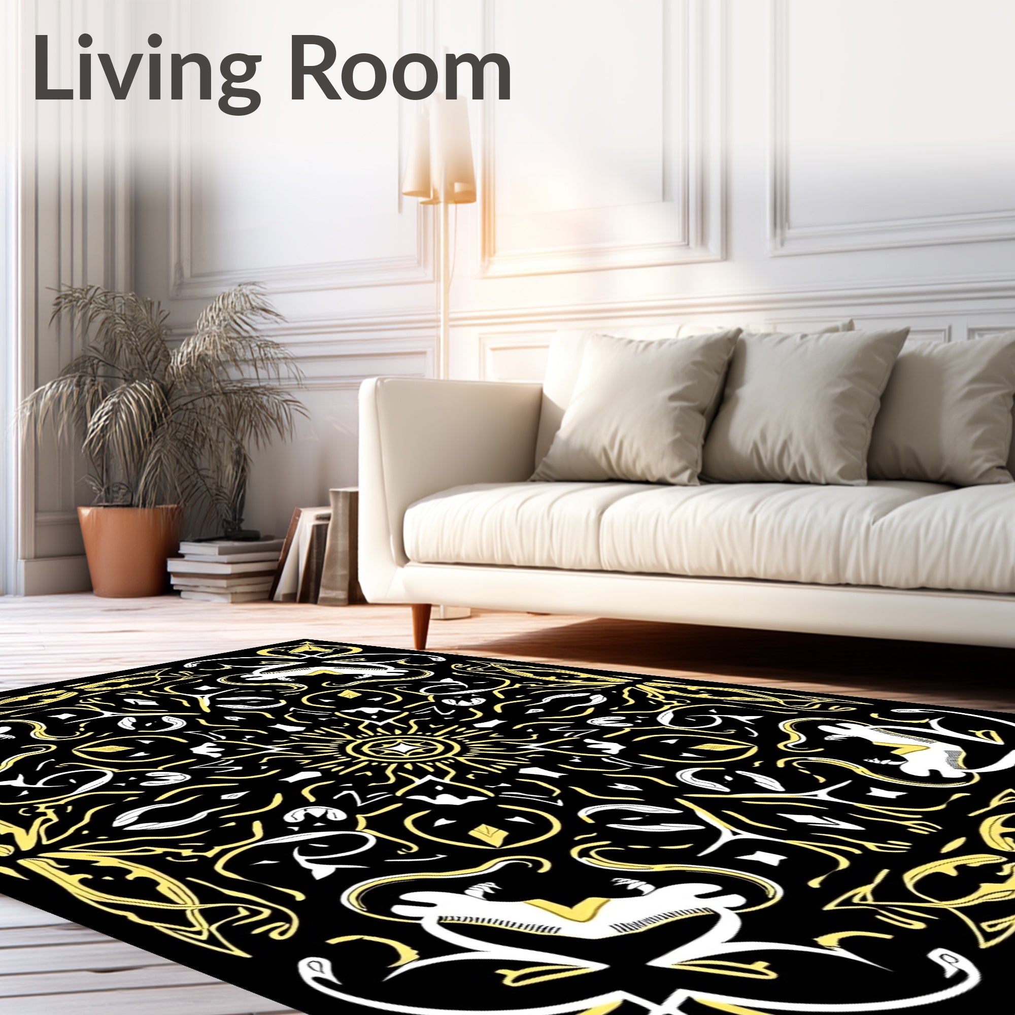 Bold Black Yellow Solar Mandala Rug