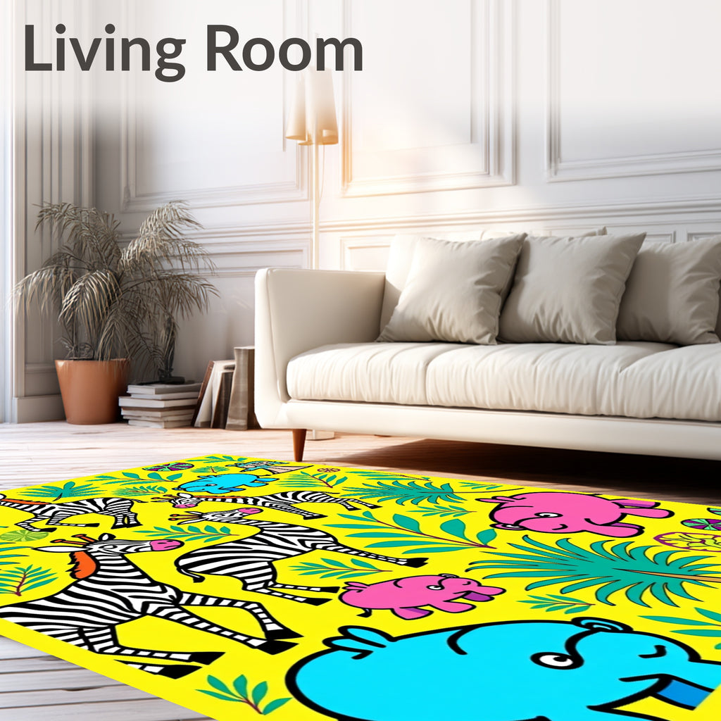 Playful Safari Animals Lush Jungle Yellow Rug