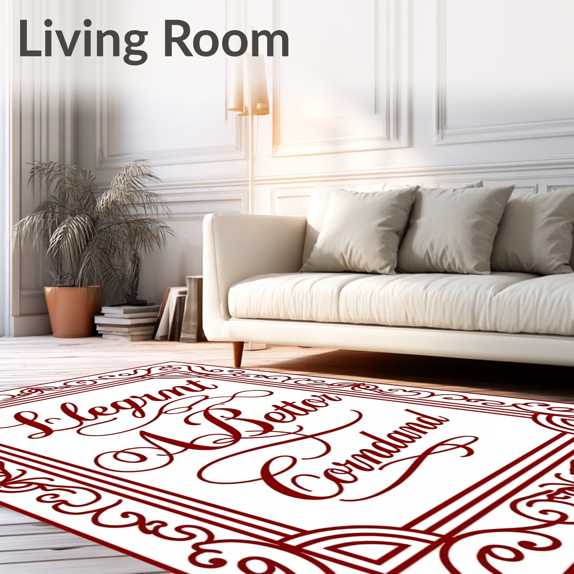 Elegant Red Script Floral Border Rug