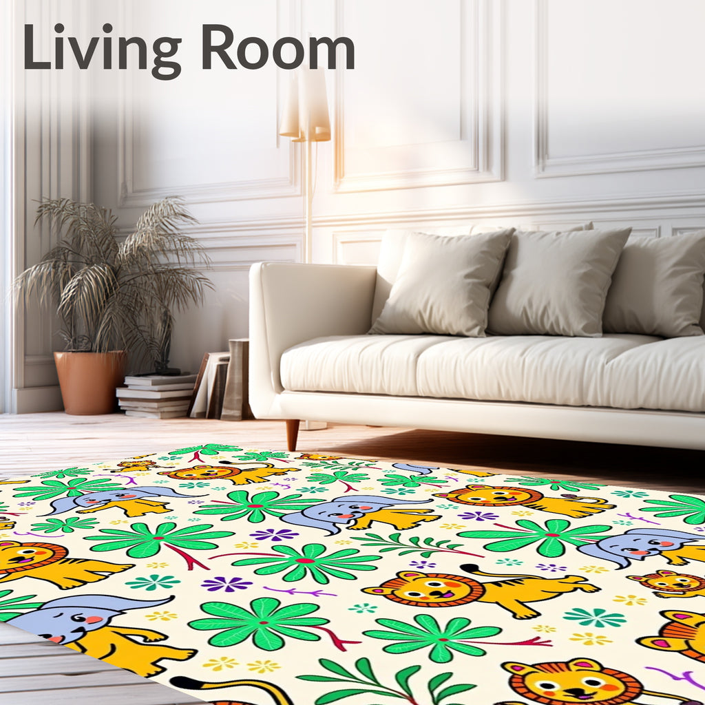 Whimsical Jungle Animals Floral Arrangement Rug