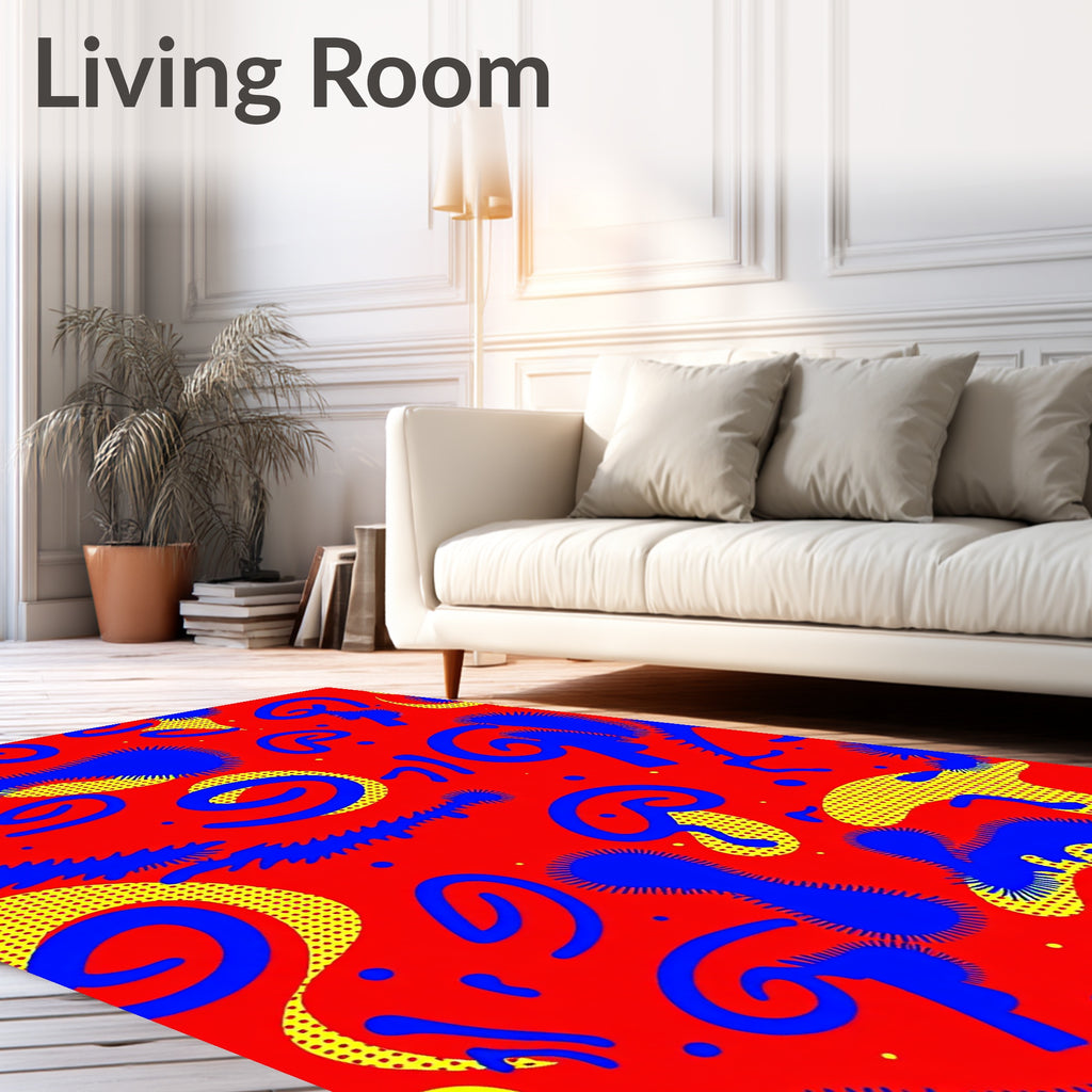 Abstract Crimson Blue Yellow Swirls Rug