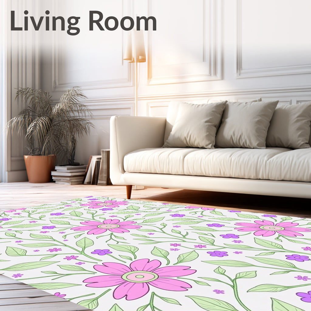Pink Daisy Floral Garden Illustration Rug