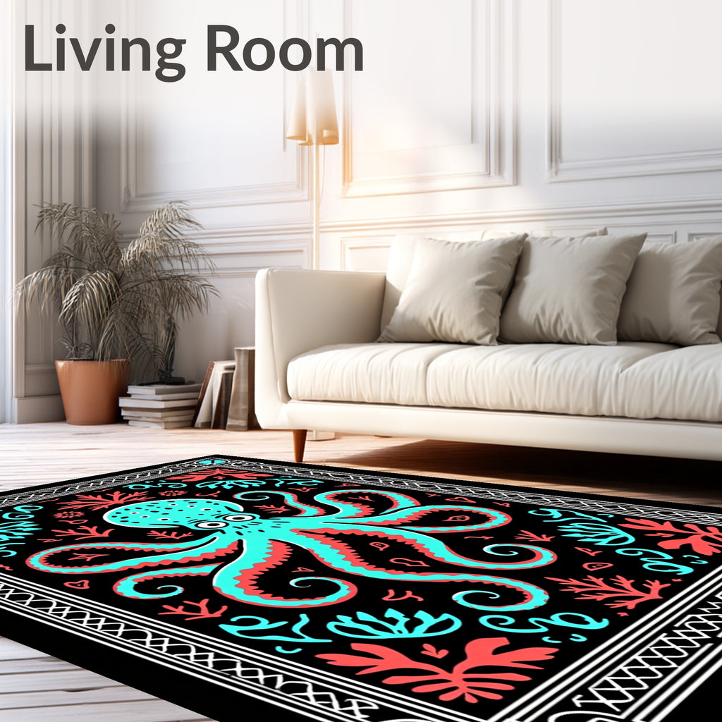 Aqua Coral Octopus Nautical Border Rug