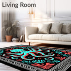 Aqua Coral Octopus Nautical Border Rug