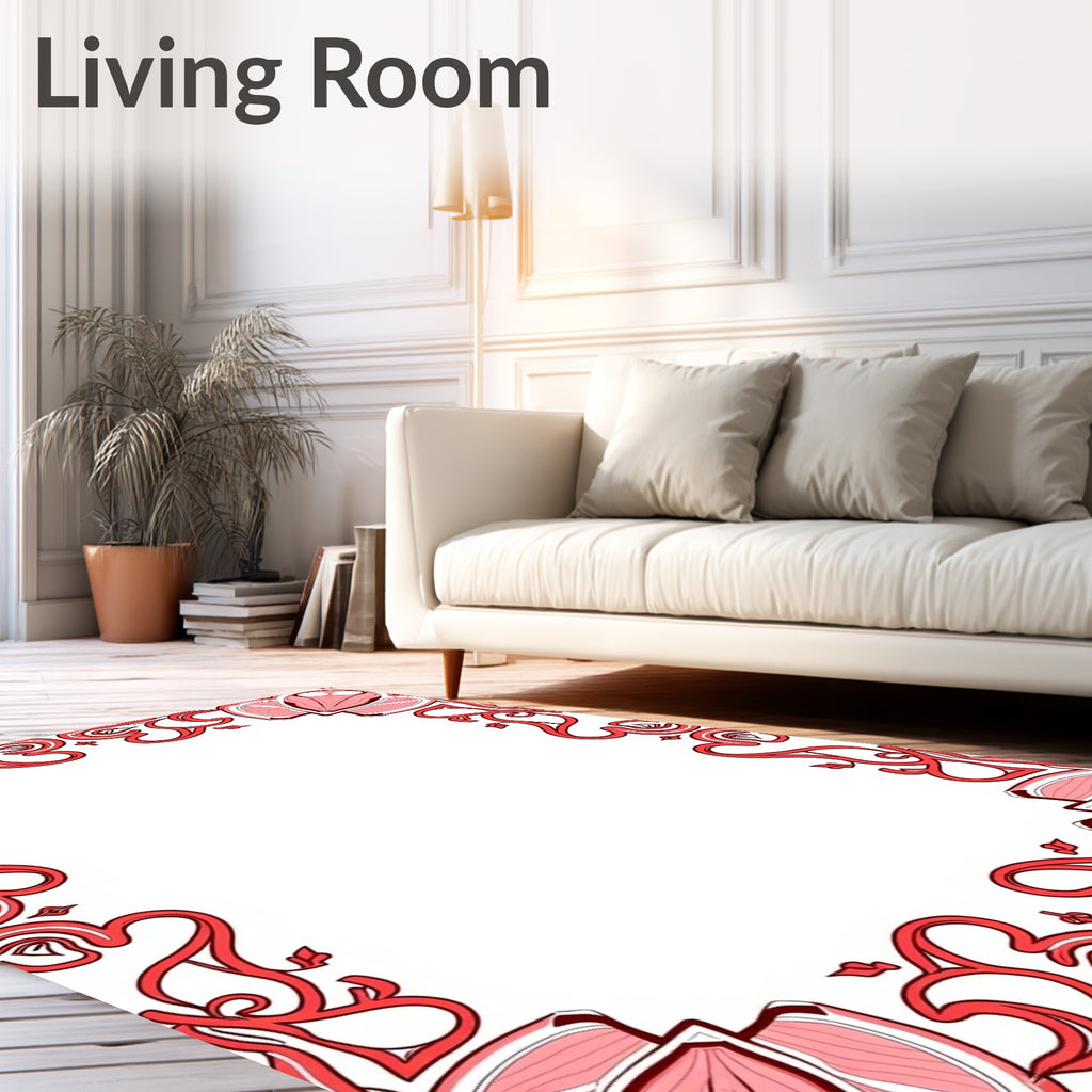 Coral Red Art Nouveau Floral Frame Rug