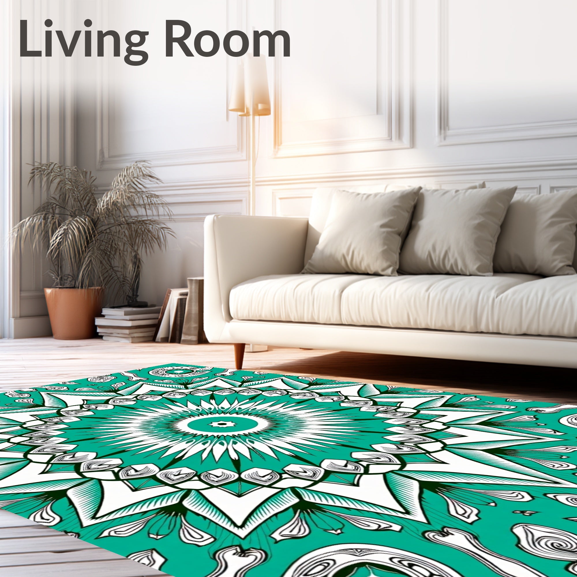 Vibrant Teal White Medallion Mandala Rug