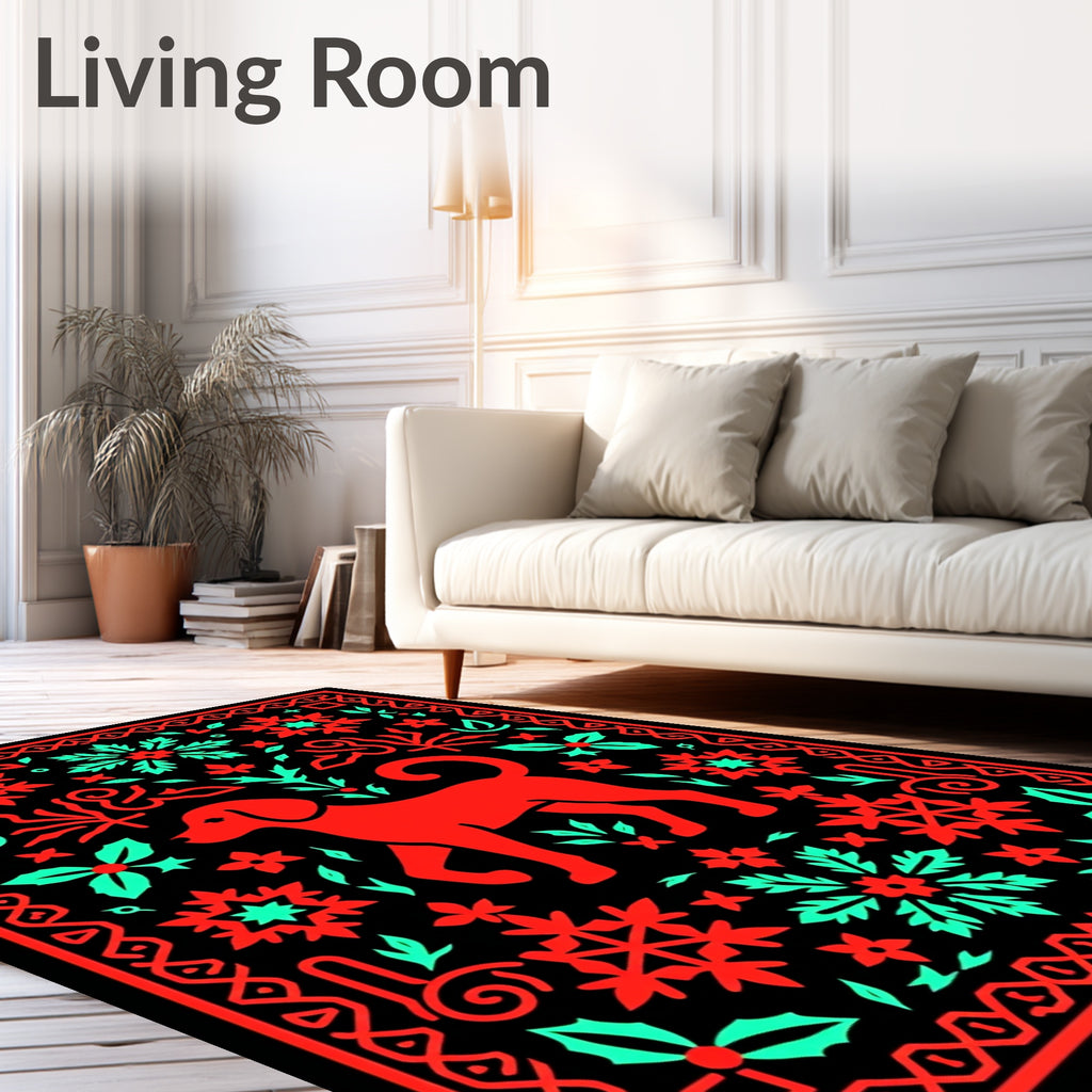 Red And Teal Dog Folk Art Rug