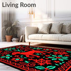 Red And Teal Dog Folk Art Rug