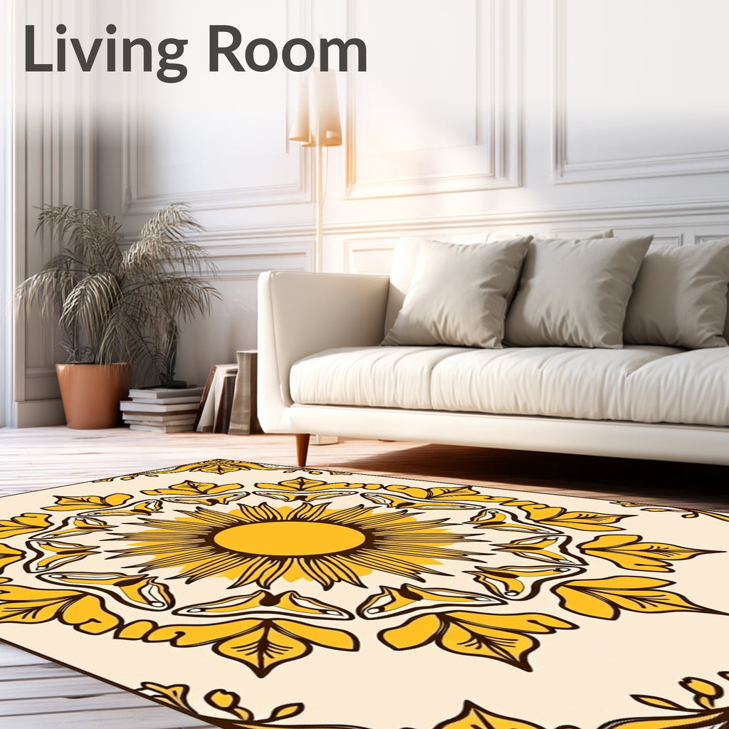 Golden Sunburst Floral Mandala Rug
