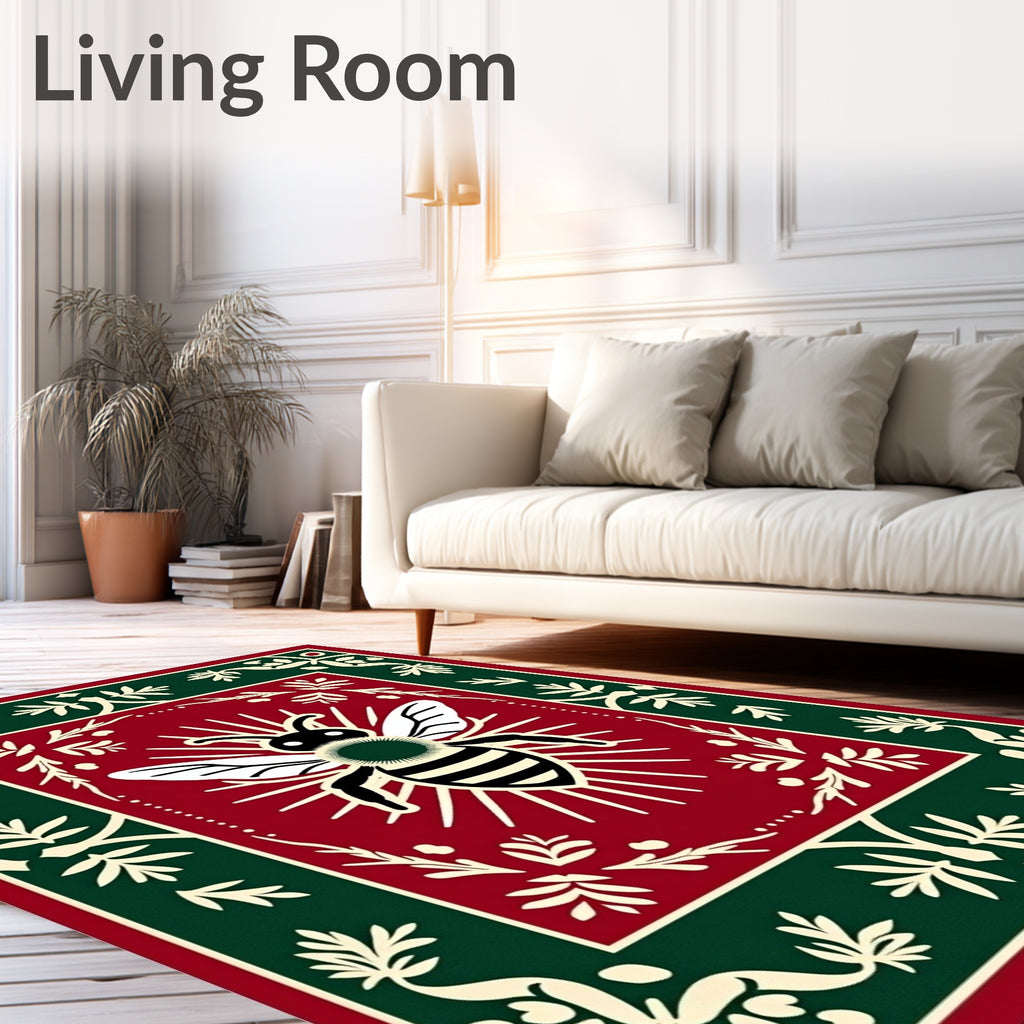 Crimson Green Bee Emblem Frame Rug