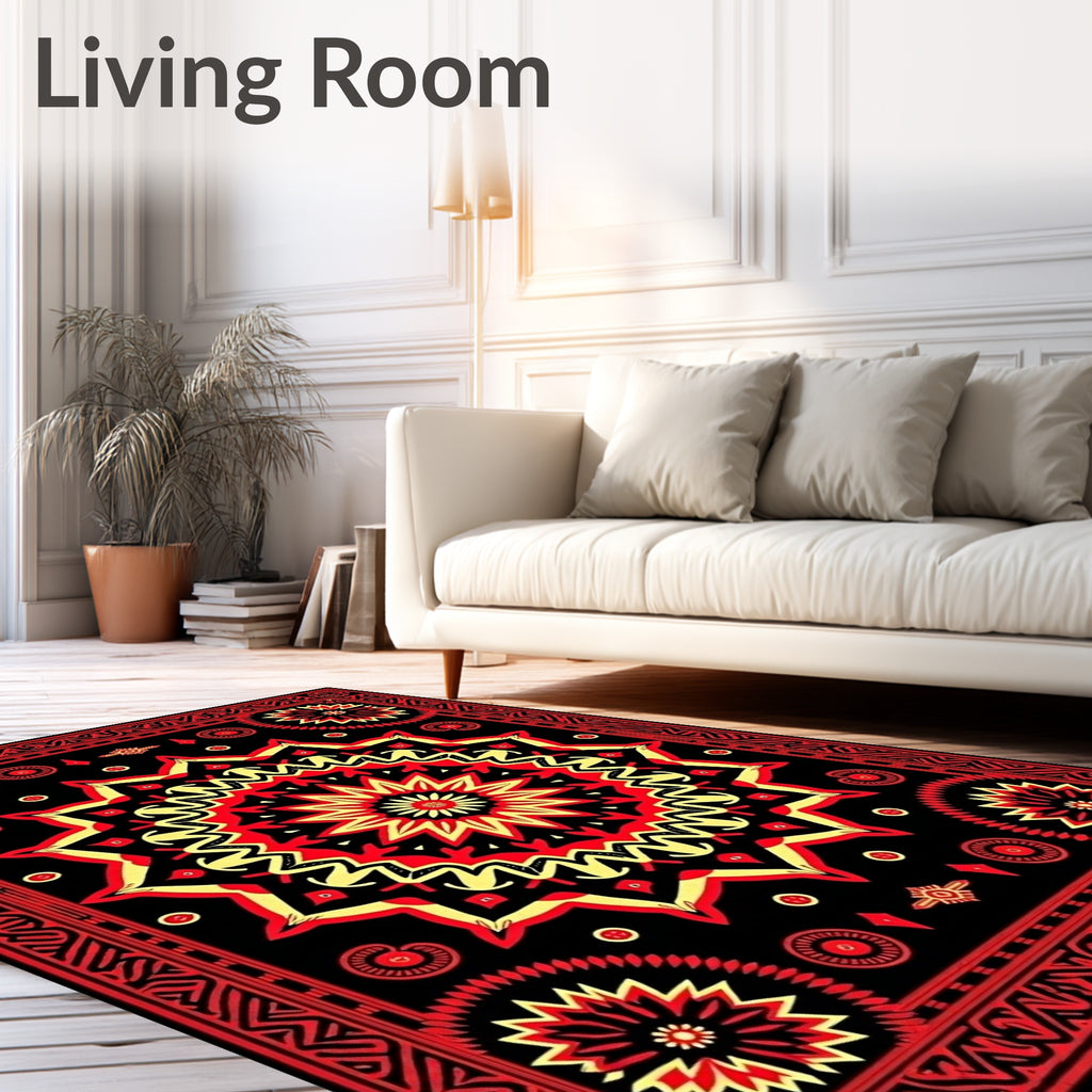Crimson Yellow Sunburst Mandala Rug