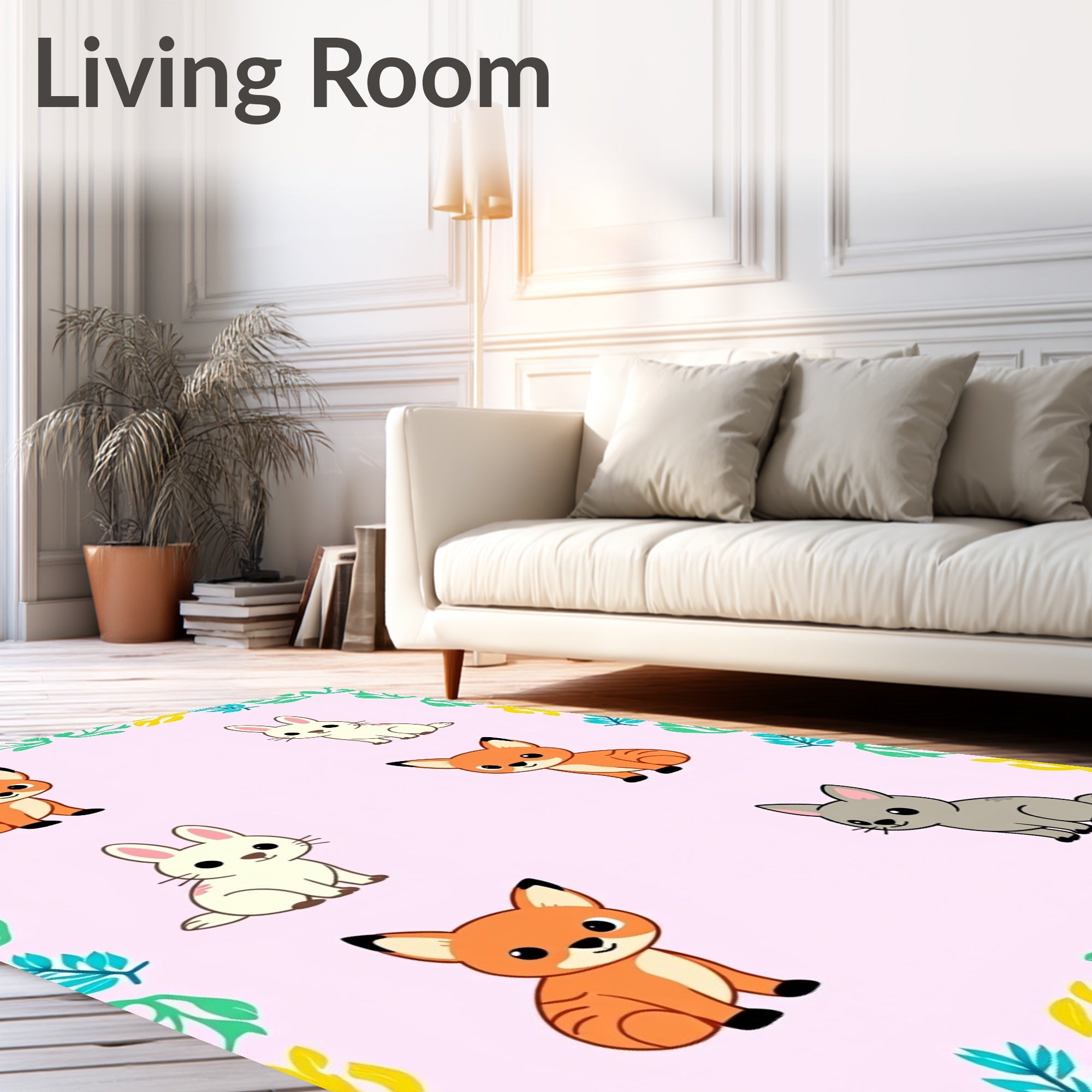 Cute Fox and Rabbit Meadow Companions Rug