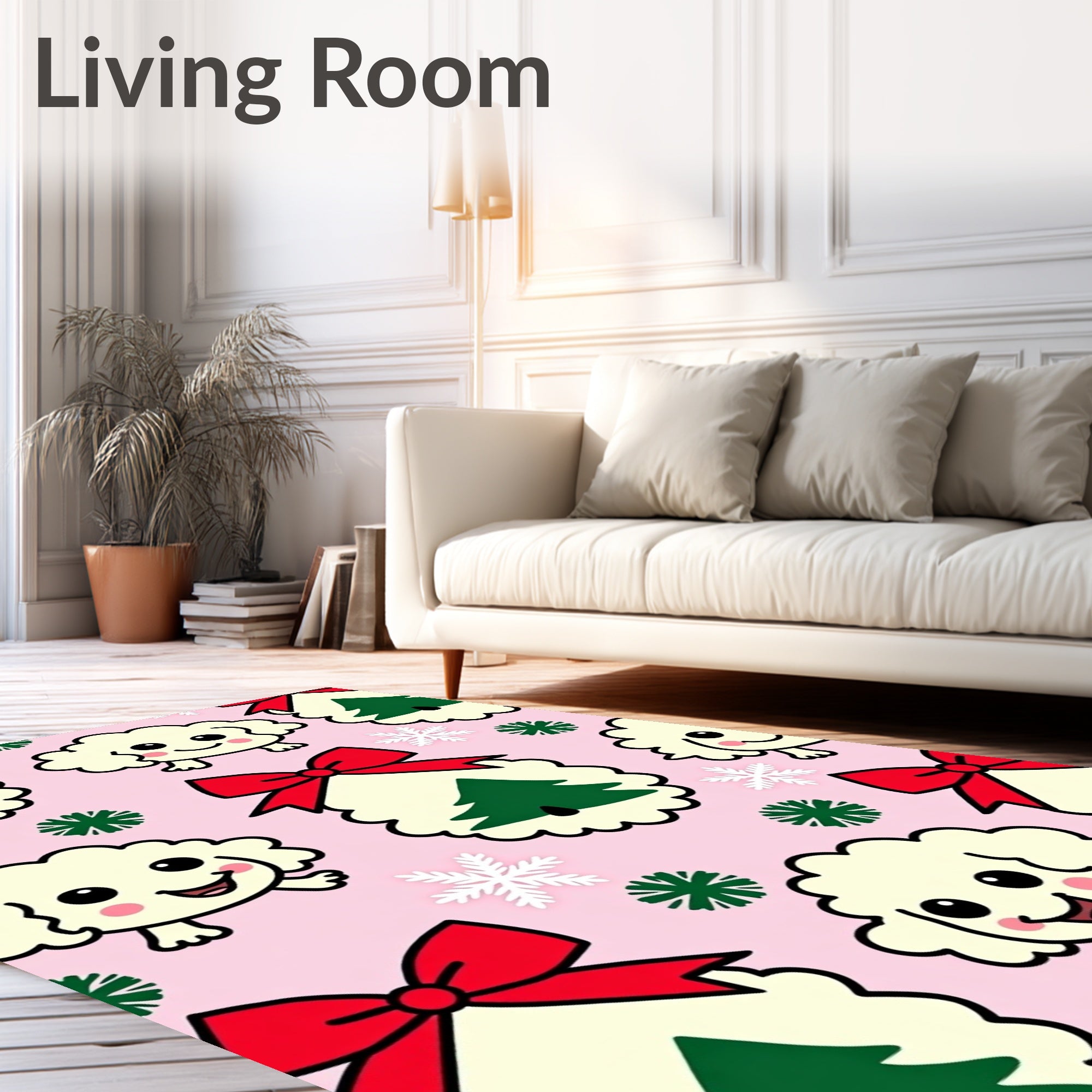 Whimsical Christmas Puppy Snowflakes Pink Rug