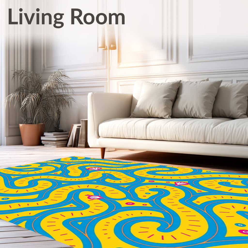 Playful Blue Swirl Yellow Maze Rug