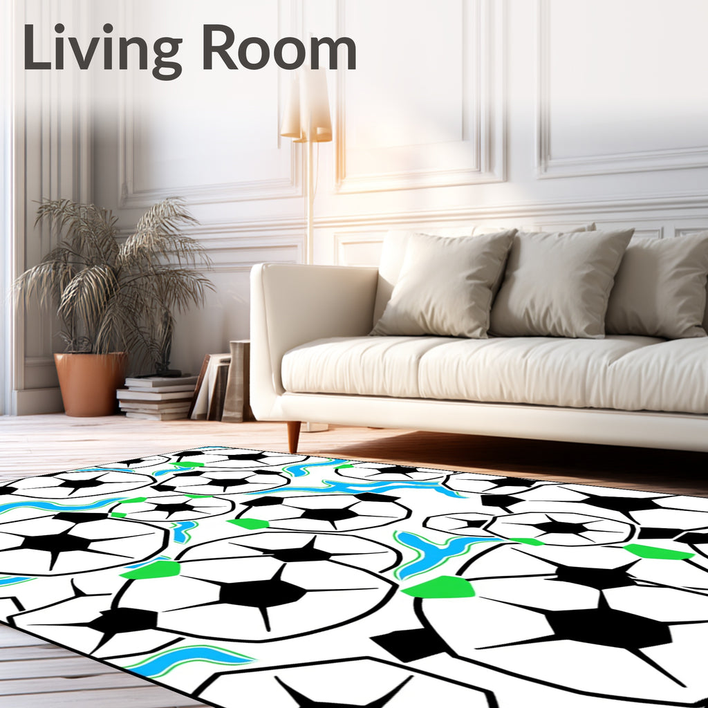Dynamic Soccer Balls Blue Wave Accents Rug