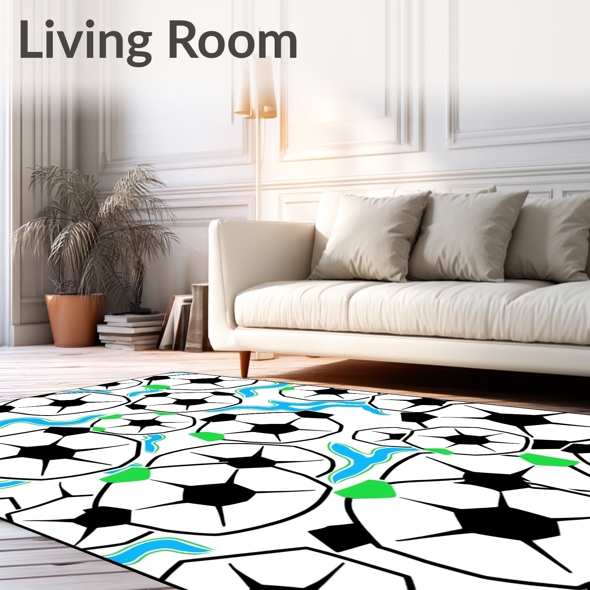 Dynamic Soccer Balls Blue Wave Accents Rug