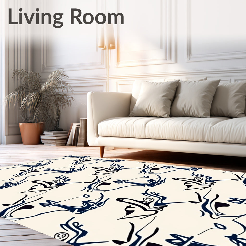 Dark Blue Abstract Whimsical Birds Rug
