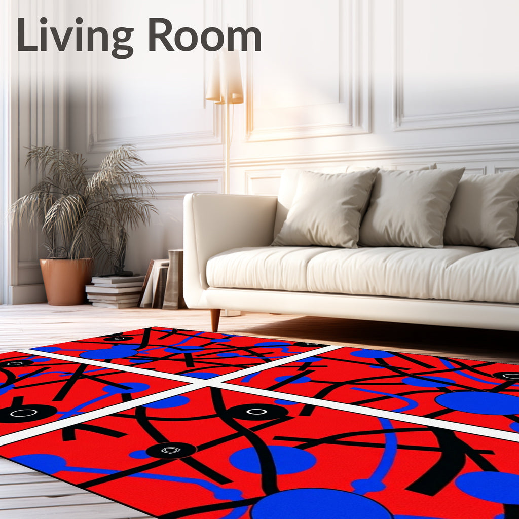 Red Blue Black Abstract Circles Ribbons Rug