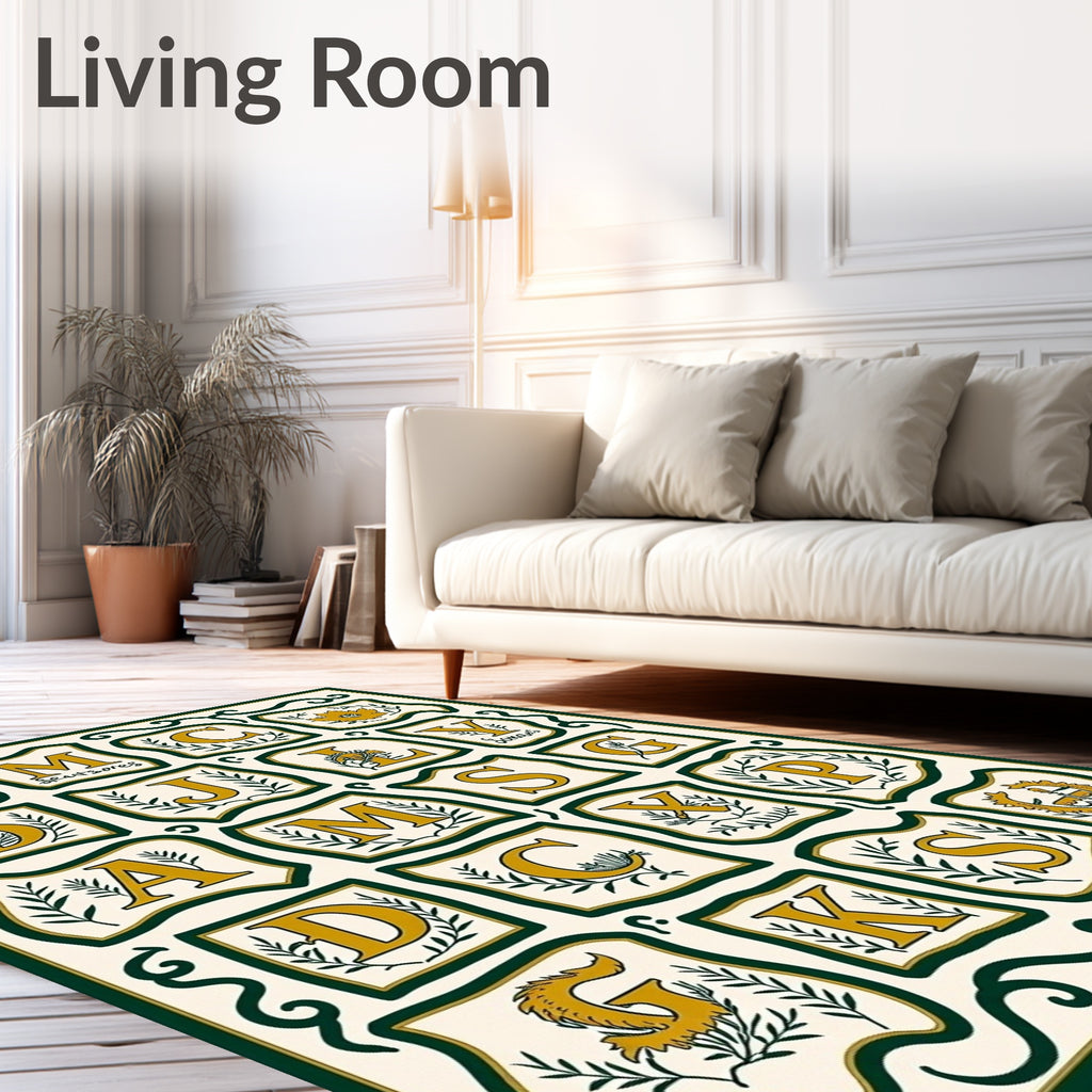 Golden Alphabet Botanical Floral Border Rug